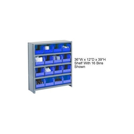 Steel Closed Shelving - 21 Blue Plastic Stacking Bins 6 Shelves - 36x12x39